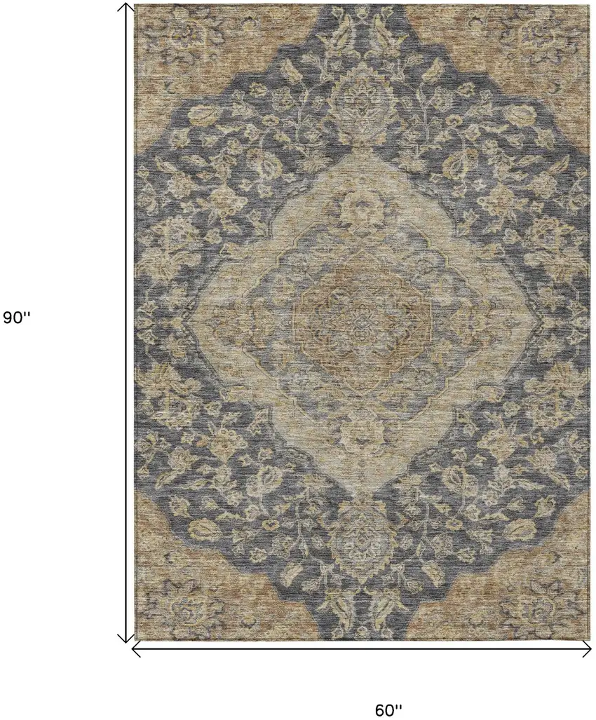 Charcoal Gray And Brown Oriental Washable Indoor Outdoor Area Rug Photo 6