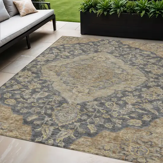 Charcoal Gray And Brown Oriental Washable Indoor Outdoor Area Rug Photo 1