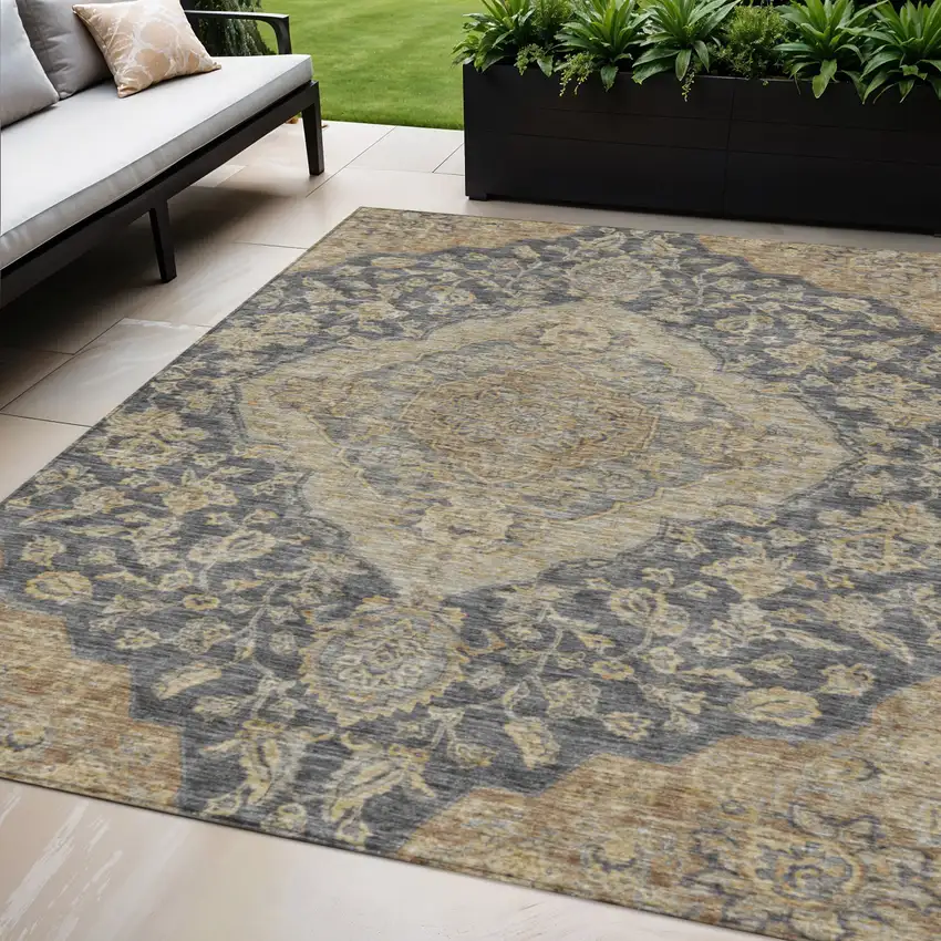 Charcoal Gray And Brown Oriental Washable Indoor Outdoor Area Rug Photo 1