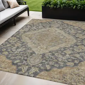 Photo of Charcoal Gray And Brown Oriental Washable Indoor Outdoor Area Rug