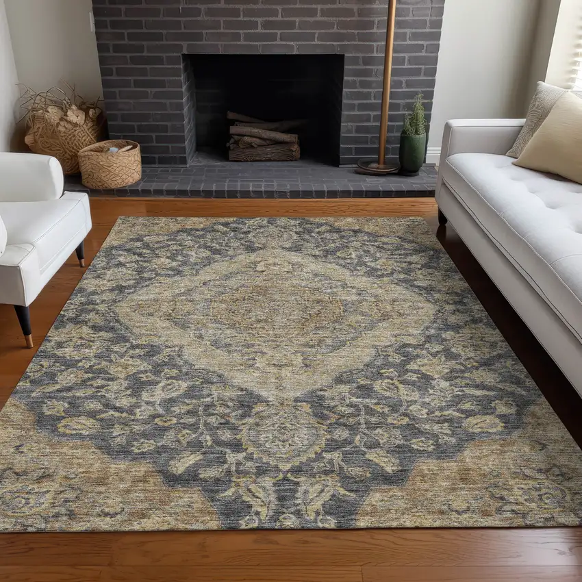 Charcoal Gray And Brown Oriental Washable Indoor Outdoor Area Rug Photo 9