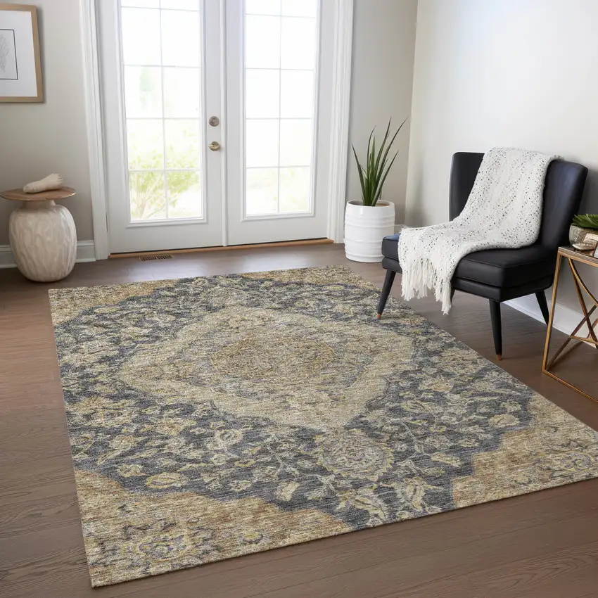Charcoal Gray And Brown Oriental Washable Indoor Outdoor Area Rug Photo 8