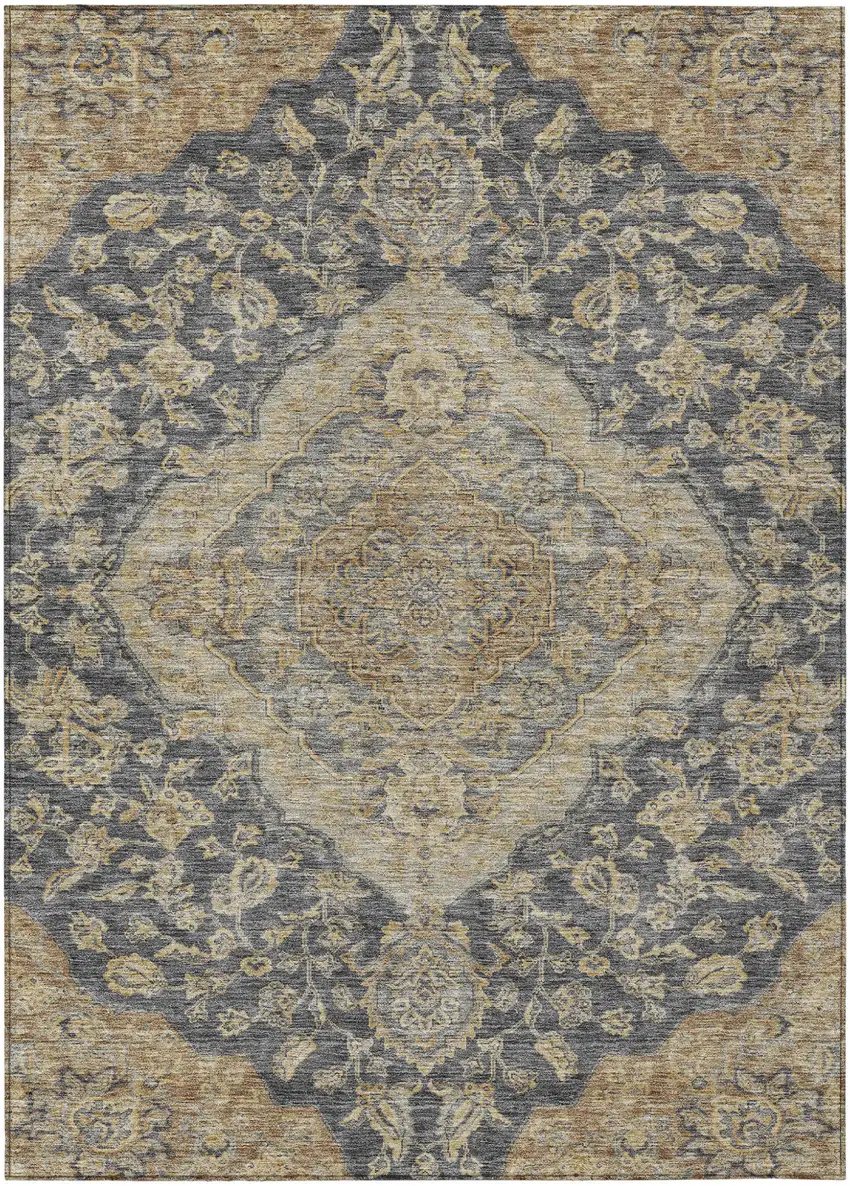 Charcoal Gray And Brown Oriental Washable Indoor Outdoor Area Rug Photo 2