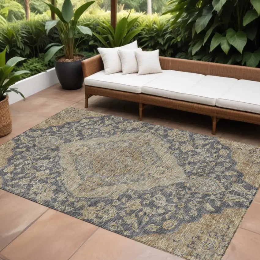 Charcoal Gray And Brown Oriental Washable Indoor Outdoor Area Rug Photo 1