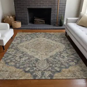 Photo of Charcoal Gray And Brown Oriental Washable Indoor Outdoor Area Rug