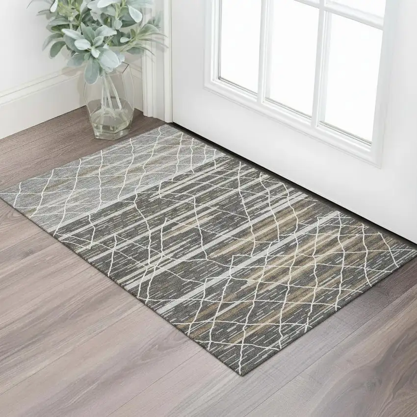 Charcoal Gray And Brown Striped Washable Area Rug With UV Protection Photo 2