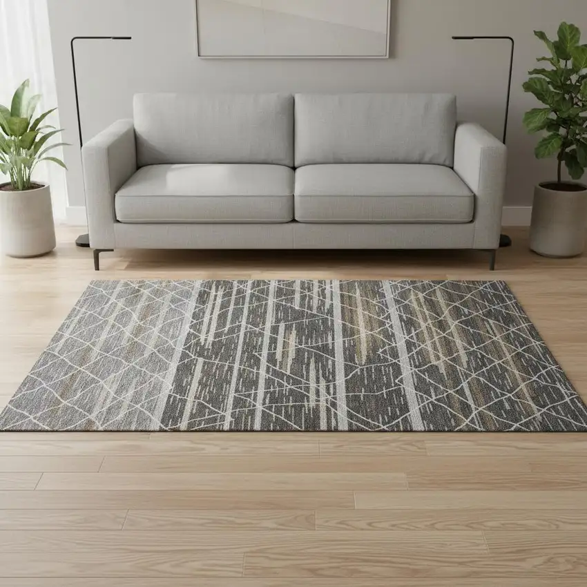 Charcoal Gray And Brown Striped Washable Area Rug With UV Protection Photo 2