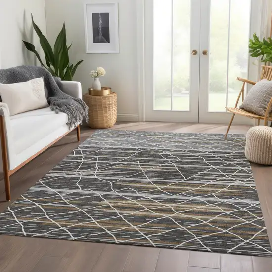 Charcoal Gray And Brown Striped Washable Area Rug With UV Protection Photo 5