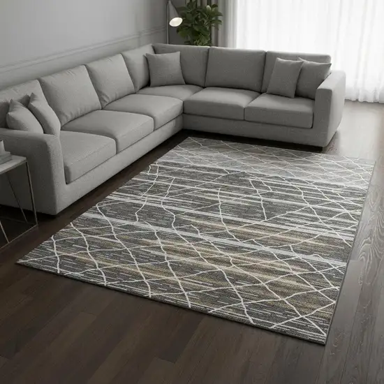 Charcoal Gray And Brown Striped Washable Area Rug With UV Protection Photo 2
