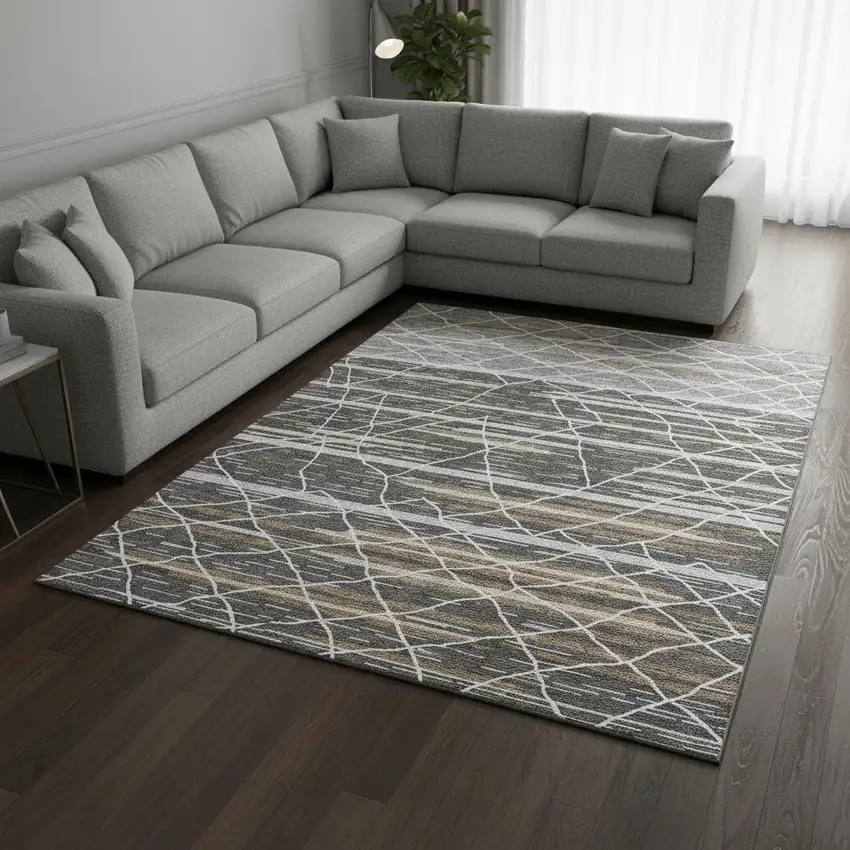 Charcoal Gray And Brown Striped Washable Area Rug With UV Protection Photo 2