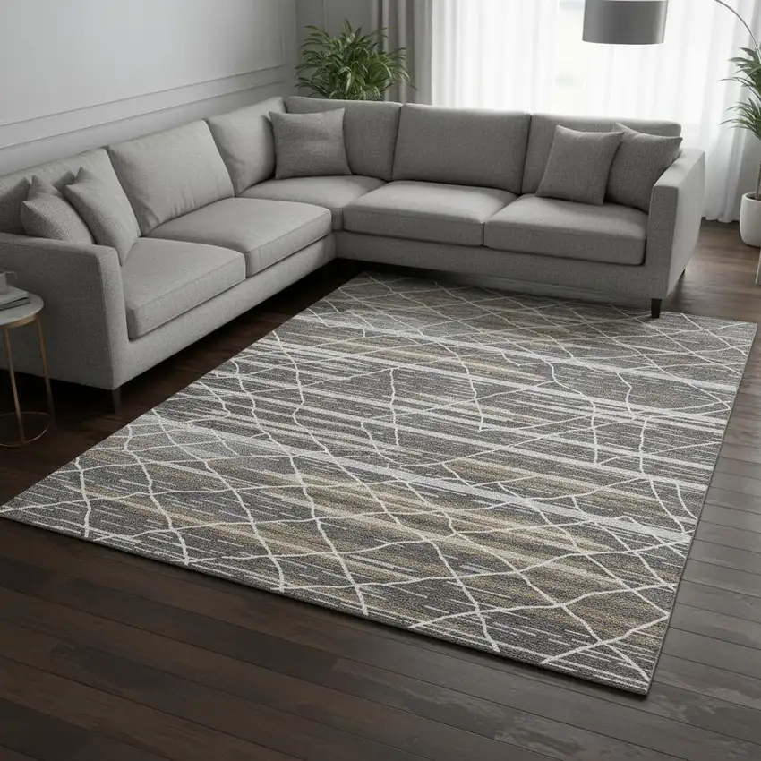 Charcoal Gray And Brown Striped Washable Area Rug With UV Protection Photo 2