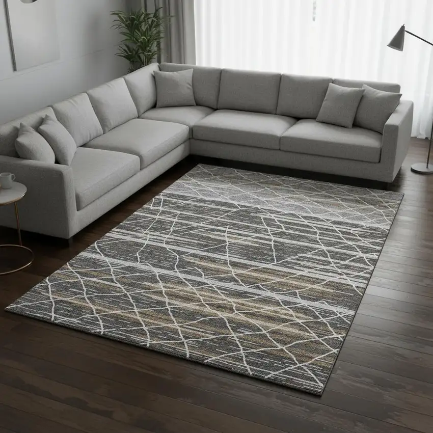 Charcoal Gray And Brown Striped Washable Area Rug With UV Protection Photo 2