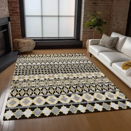 Charcoal Gray And Gold Quatrefoil Washable Indoor Outdoor Area Rug Photo 9