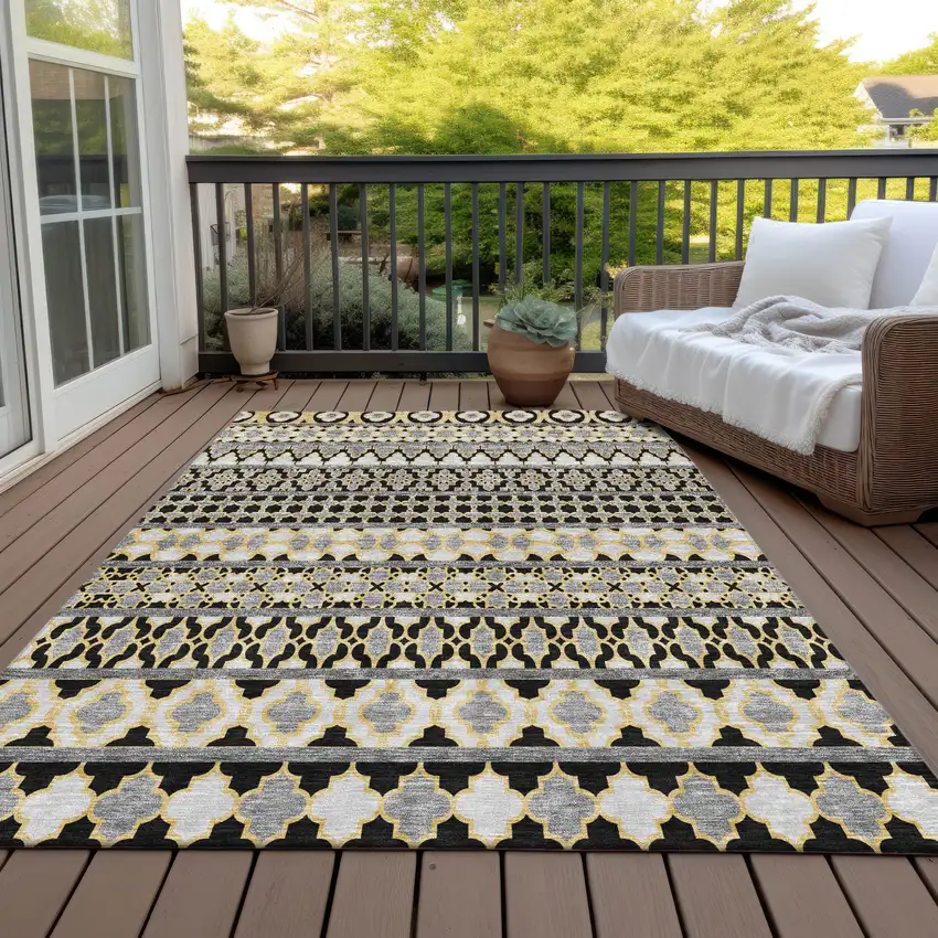 Charcoal Gray And Gold Quatrefoil Washable Indoor Outdoor Area Rug Photo 8