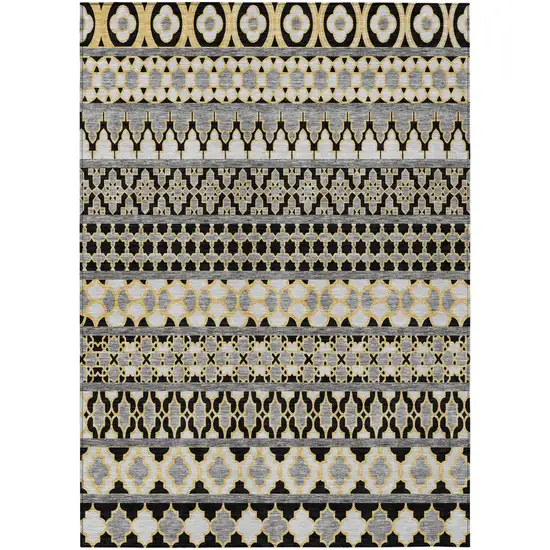 Charcoal Gray And Gold Quatrefoil Washable Indoor Outdoor Area Rug Photo 1