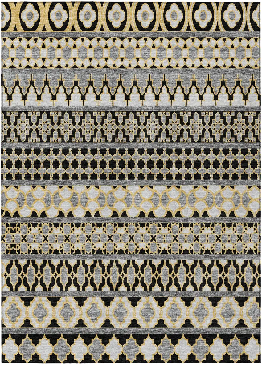 Charcoal Gray And Gold Quatrefoil Washable Indoor Outdoor Area Rug Photo 1