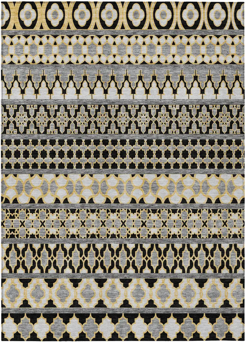 Charcoal Gray And Gold Quatrefoil Washable Indoor Outdoor Area Rug Photo 1