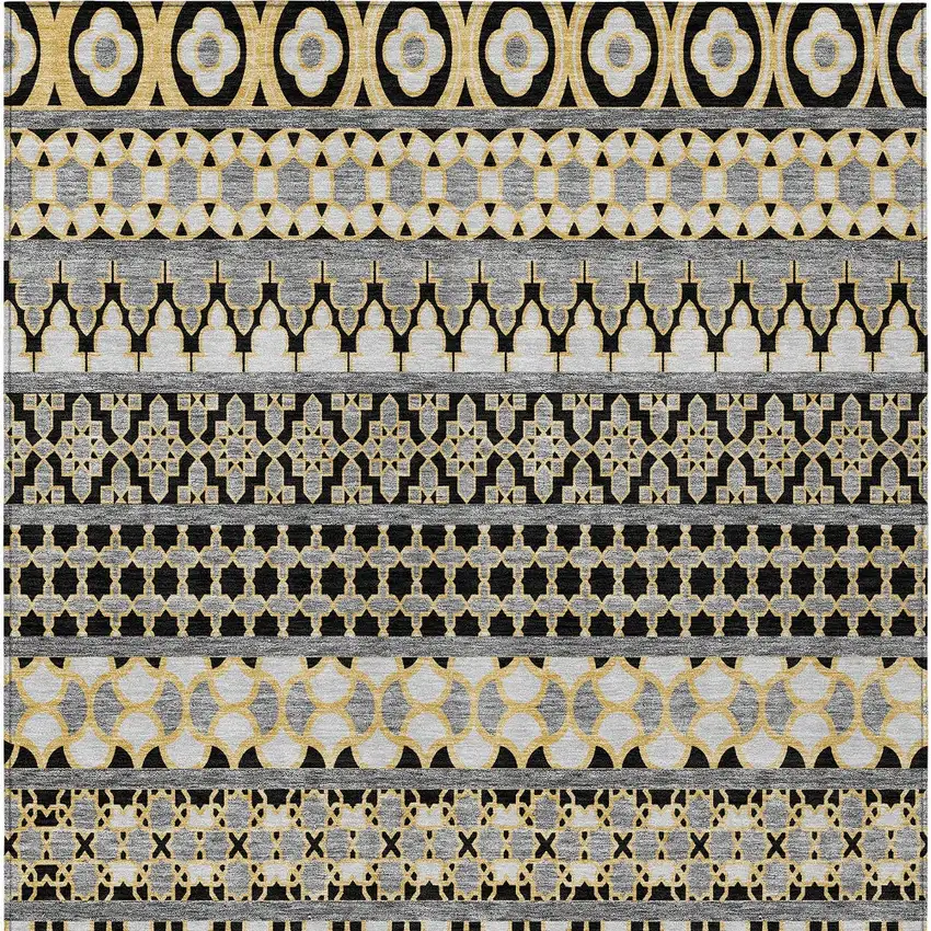 Charcoal Gray And Gold Quatrefoil Washable Indoor Outdoor Area Rug Photo 6