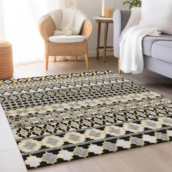 Charcoal Gray And Gold Quatrefoil Washable Indoor Outdoor Area Rug Photo 8