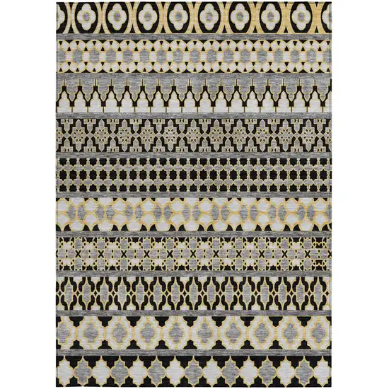 Charcoal Gray And Gold Quatrefoil Washable Indoor Outdoor Area Rug Photo 6
