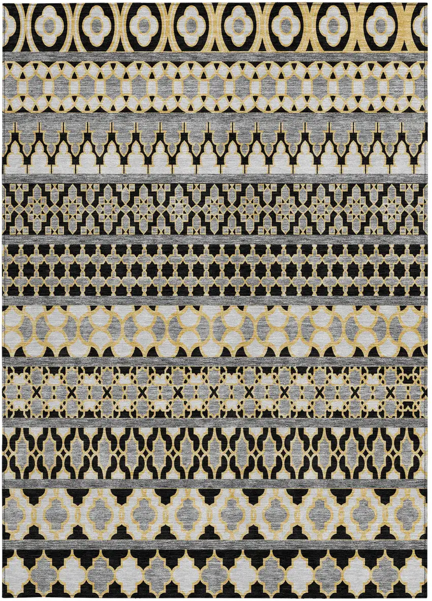 Charcoal Gray And Gold Quatrefoil Washable Indoor Outdoor Area Rug Photo 6
