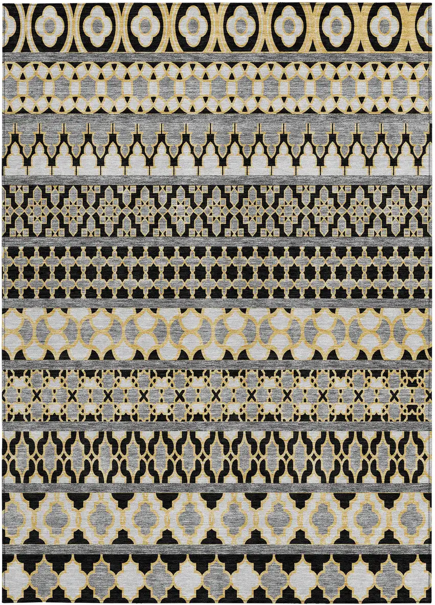 Charcoal Gray And Gold Quatrefoil Washable Indoor Outdoor Area Rug Photo 6