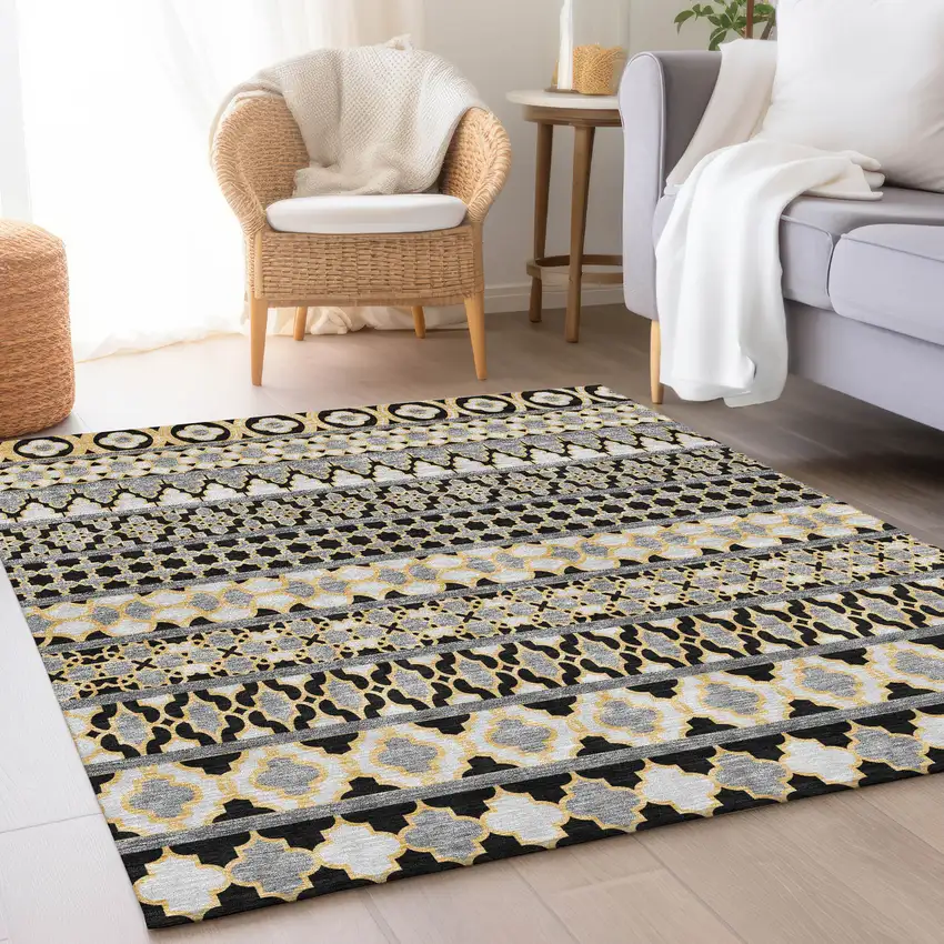 Charcoal Gray And Gold Quatrefoil Washable Indoor Outdoor Area Rug Photo 9