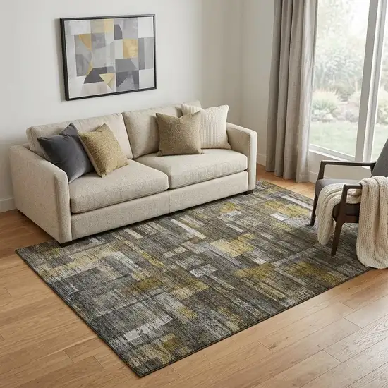 Charcoal Gray And Gold Striped Washable Area Rug With UV Protection Photo 1