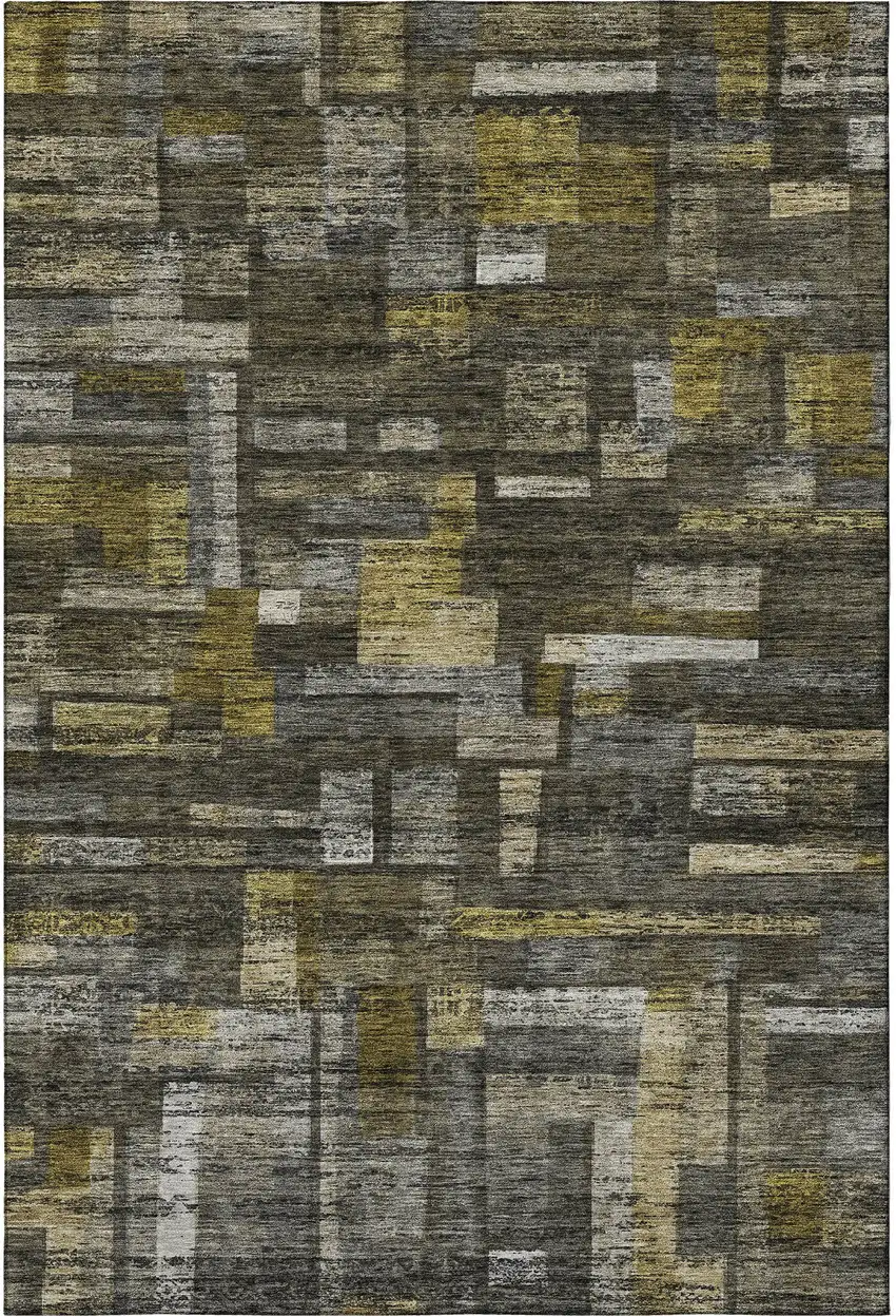 Charcoal Gray And Gold Striped Washable Area Rug With UV Protection Photo 2