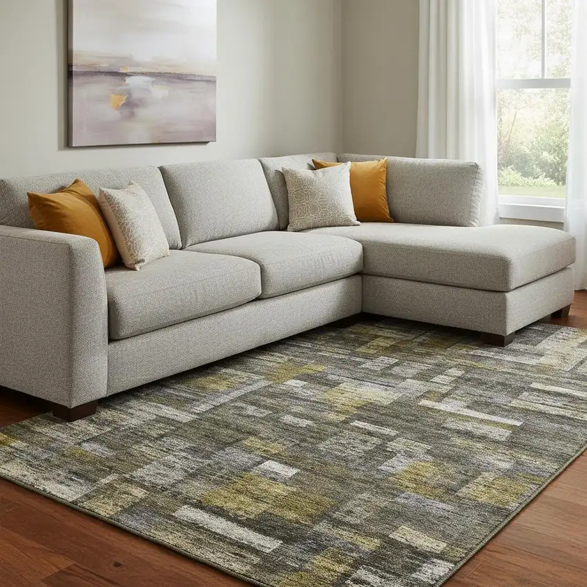 Charcoal Gray And Gold Striped Washable Area Rug With UV Protection Photo 2