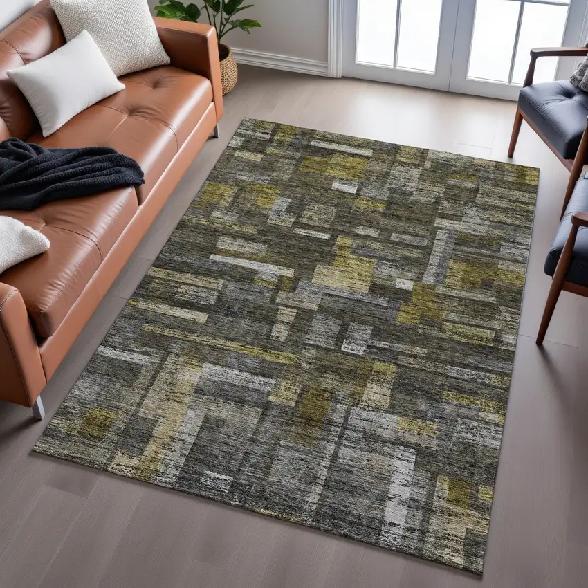 Charcoal Gray And Gold Striped Washable Area Rug With UV Protection Photo 5