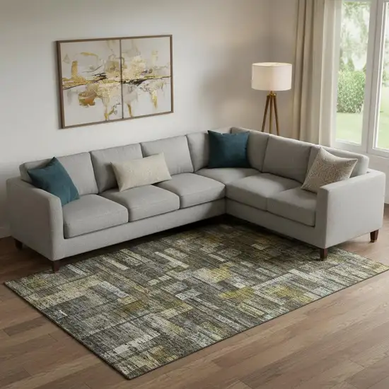 Charcoal Gray And Gold Striped Washable Area Rug With UV Protection Photo 2