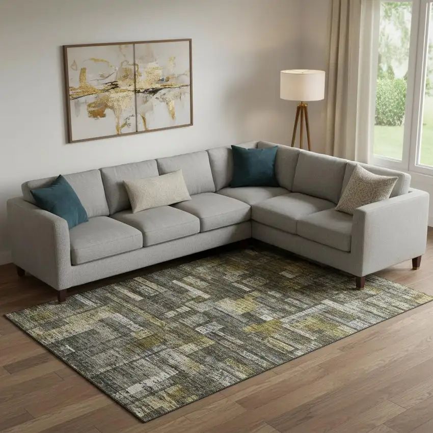 Charcoal Gray And Gold Striped Washable Area Rug With UV Protection Photo 2