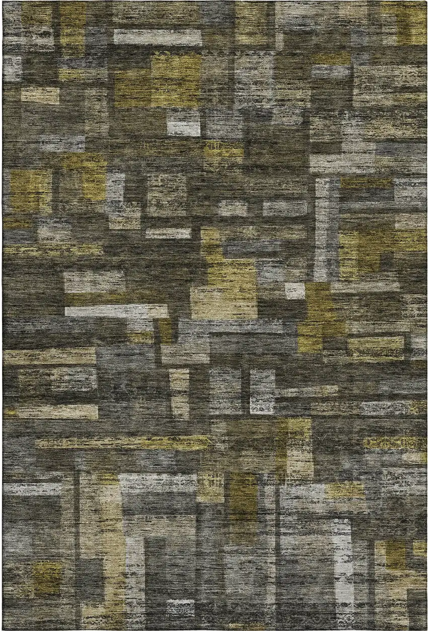 Charcoal Gray And Gold Striped Washable Area Rug With UV Protection Photo 1