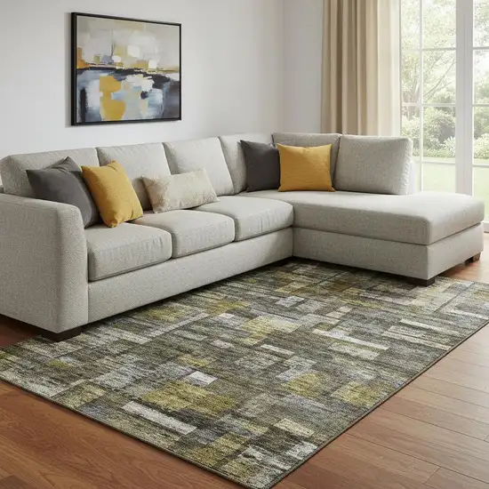 Charcoal Gray And Gold Striped Washable Area Rug With UV Protection Photo 2