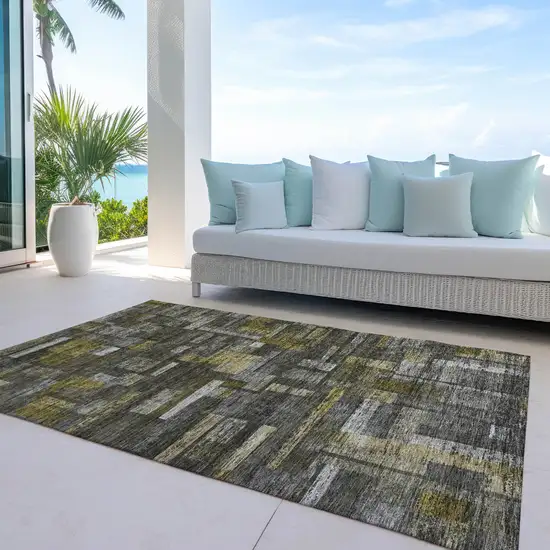 Charcoal Gray And Green Striped Washable Indoor Outdoor Area Rug Photo 6
