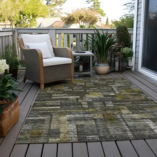 Charcoal Gray And Green Striped Washable Indoor Outdoor Area Rug Photo 9