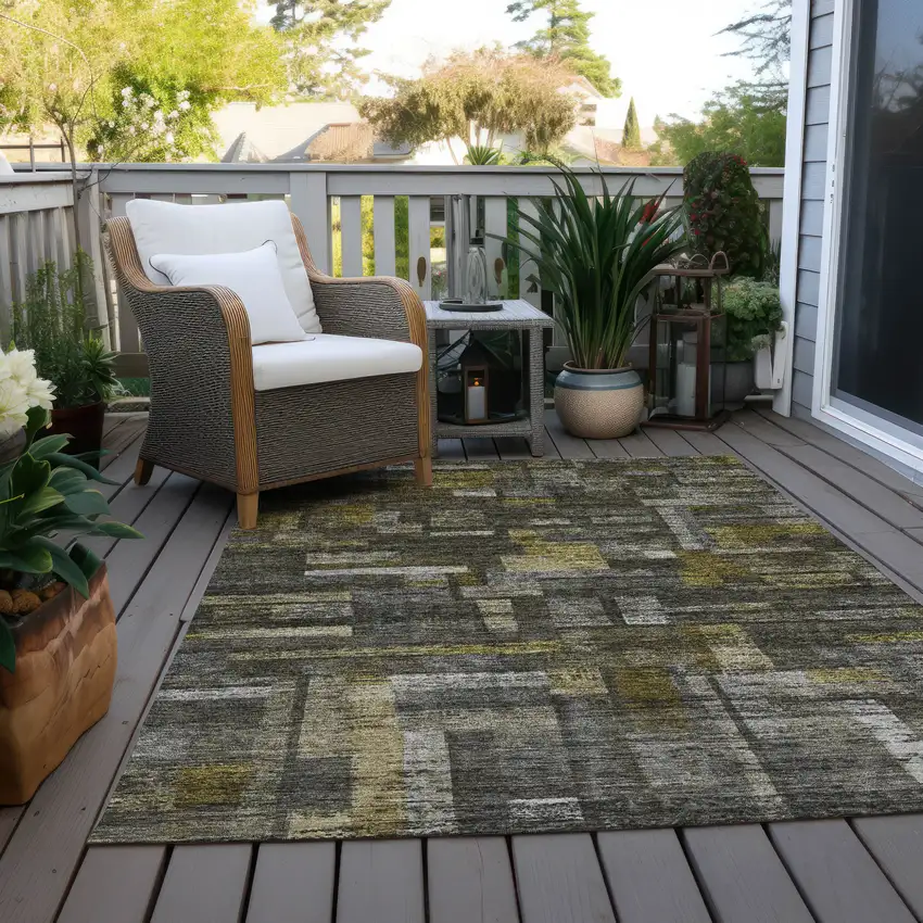 Charcoal Gray And Green Striped Washable Indoor Outdoor Area Rug Photo 9