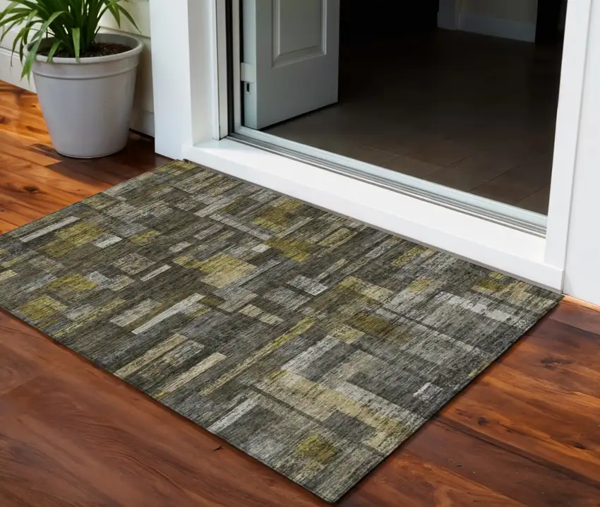 Charcoal Gray And Green Striped Washable Indoor Outdoor Area Rug Photo 1