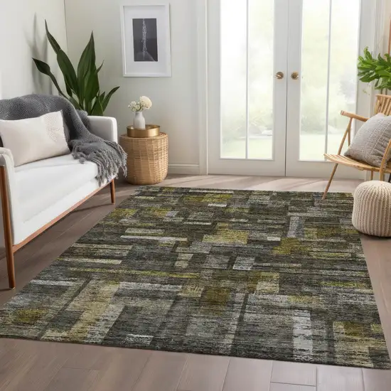 Charcoal Gray And Green Striped Washable Indoor Outdoor Area Rug Photo 8