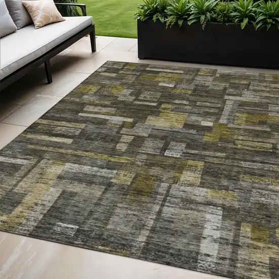 Charcoal Gray And Green Striped Washable Indoor Outdoor Area Rug Photo 1