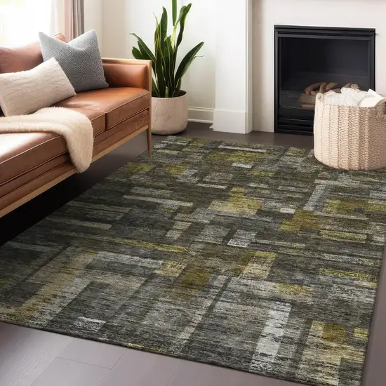 Charcoal Gray And Green Striped Washable Indoor Outdoor Area Rug Photo 7