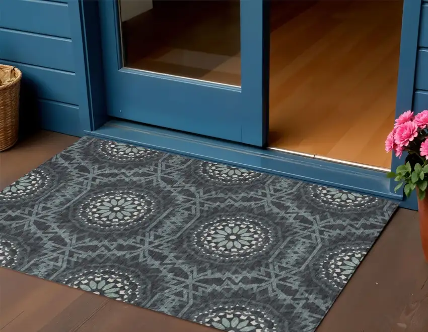 Charcoal Gray And Ivory Floral Medallion Washable Indoor Outdoor Area Rug Photo 1