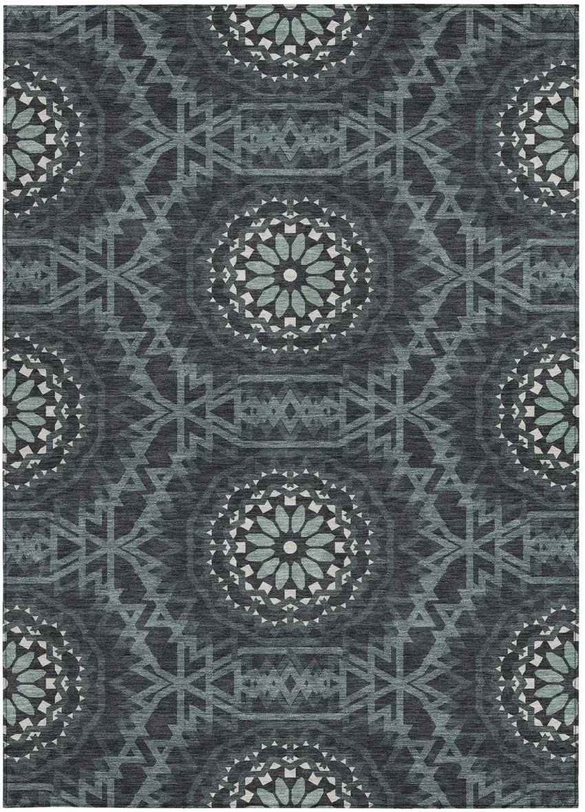 Charcoal Gray And Ivory Floral Medallion Washable Indoor Outdoor Area Rug Photo 6