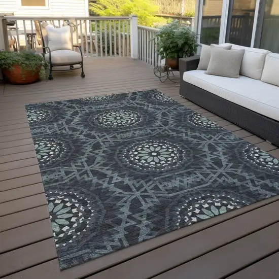 Charcoal Gray And Ivory Floral Medallion Washable Indoor Outdoor Area Rug Photo 9