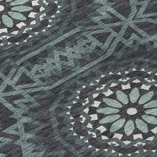 Charcoal Gray And Ivory Floral Medallion Washable Indoor Outdoor Area Rug Photo 5