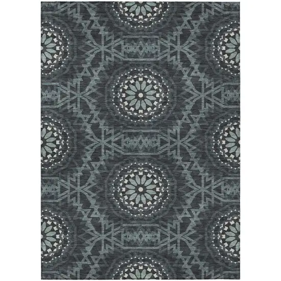 Charcoal Gray And Ivory Floral Medallion Washable Indoor Outdoor Area Rug Photo 2