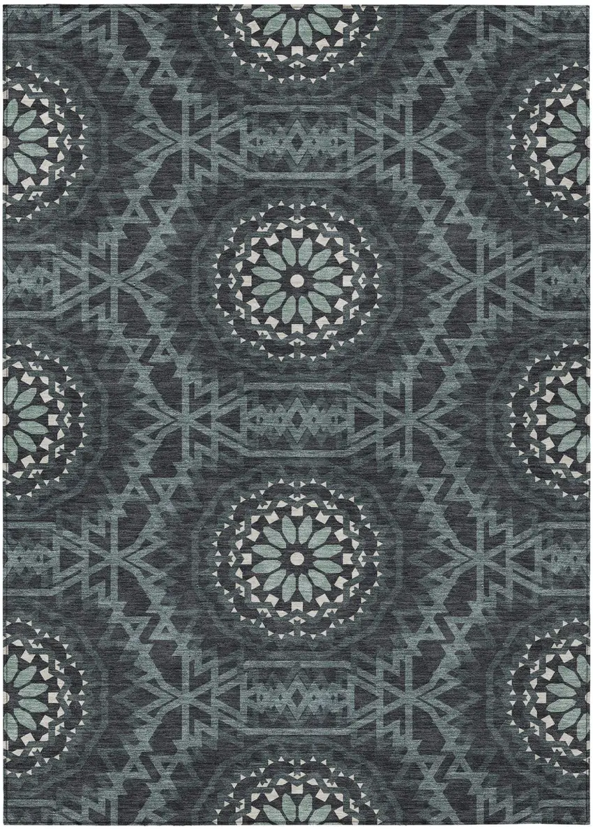 Charcoal Gray And Ivory Floral Medallion Washable Indoor Outdoor Area Rug Photo 2