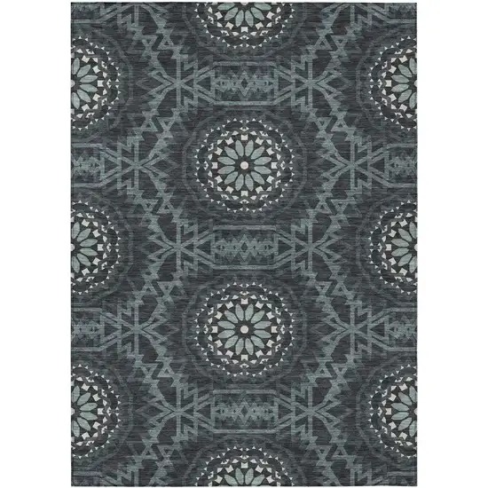 Charcoal Gray And Ivory Floral Medallion Washable Indoor Outdoor Area Rug Photo 2