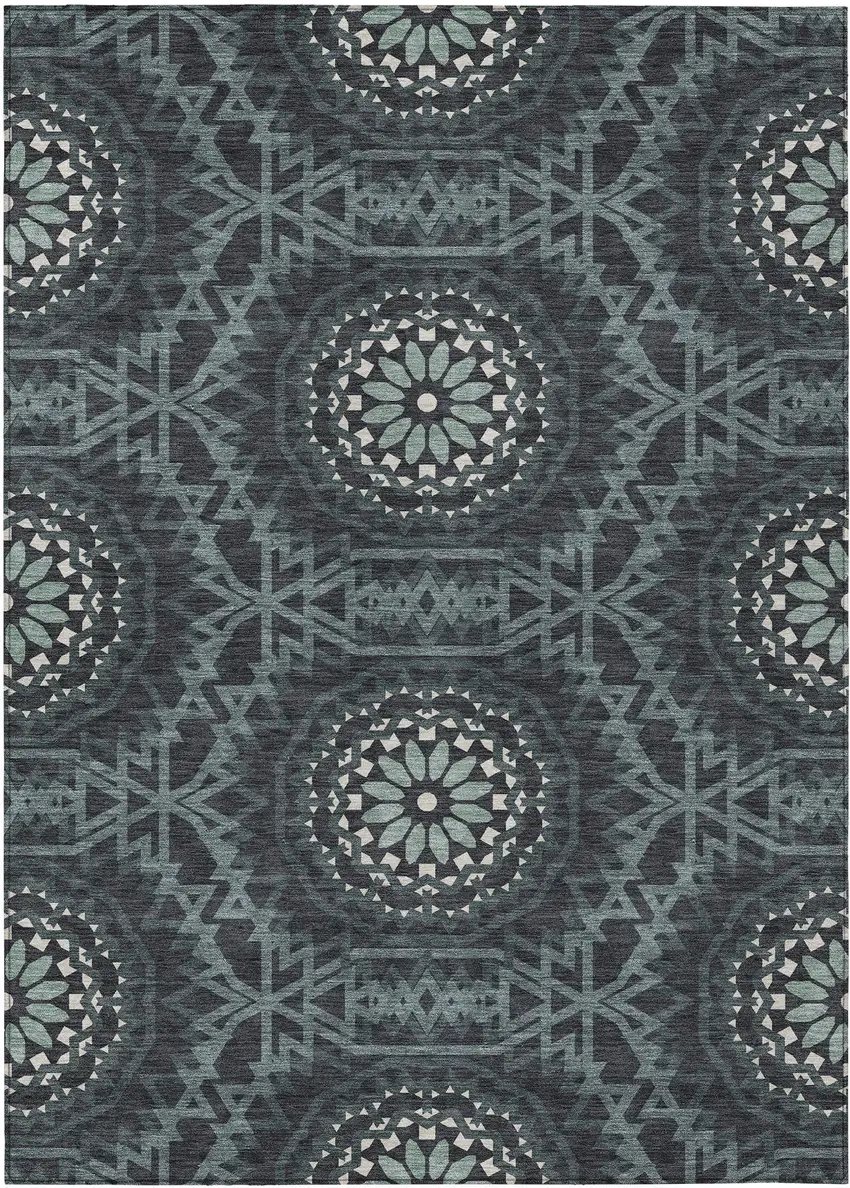 Charcoal Gray And Ivory Floral Medallion Washable Indoor Outdoor Area Rug Photo 2